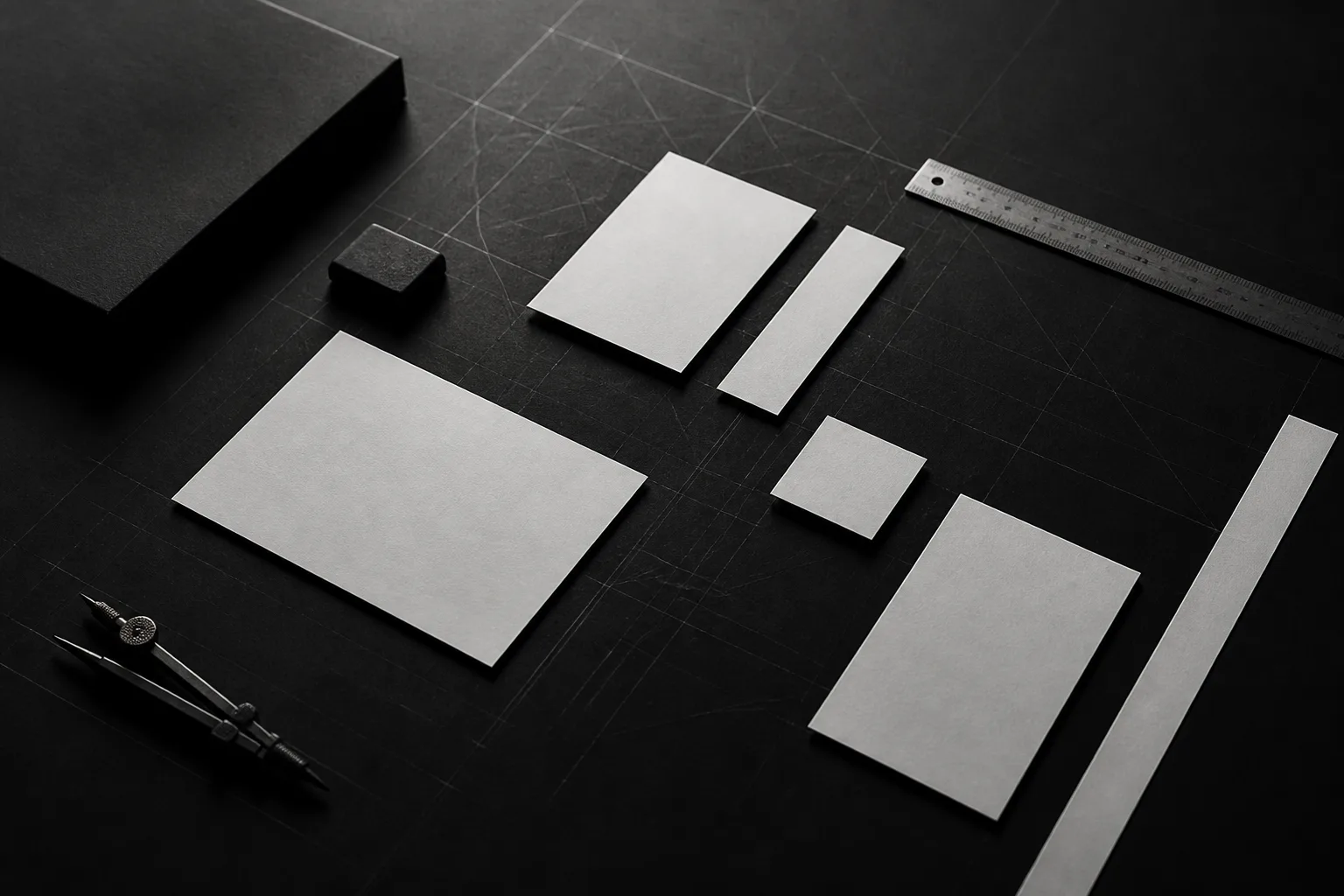 Black desk with geometric grid and paper cards.