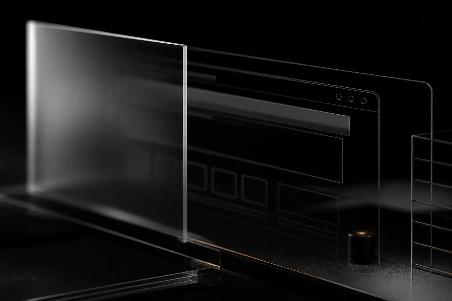 Dark editorial still of a frosted digital surface.