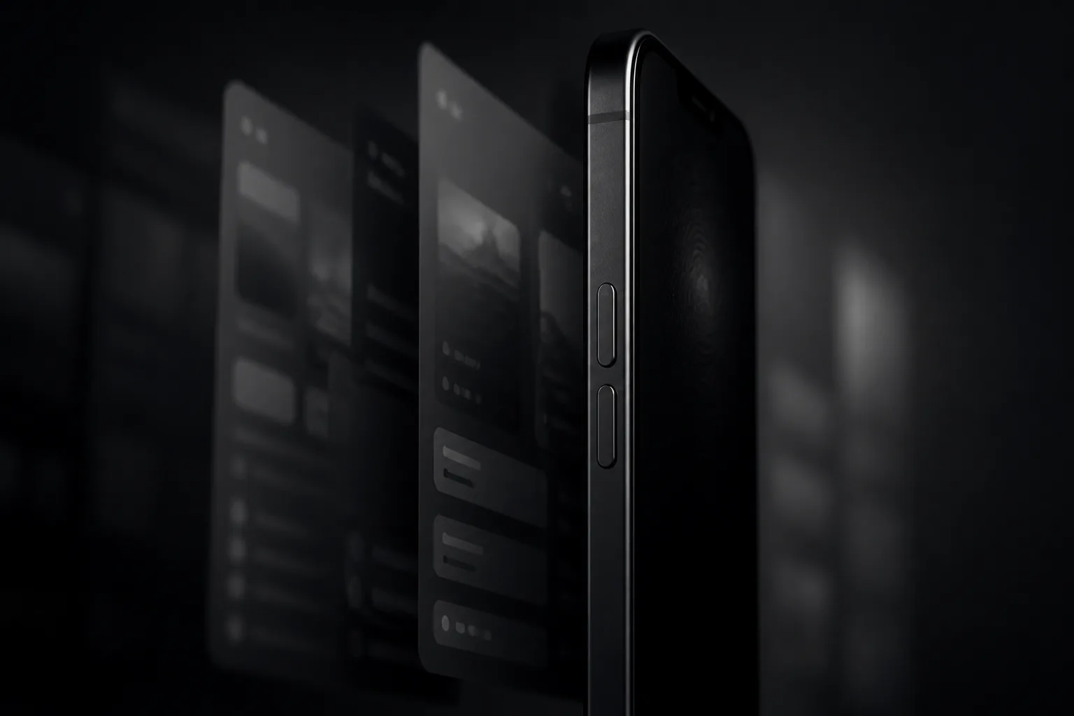 Matte black phone edge with soft rim light.