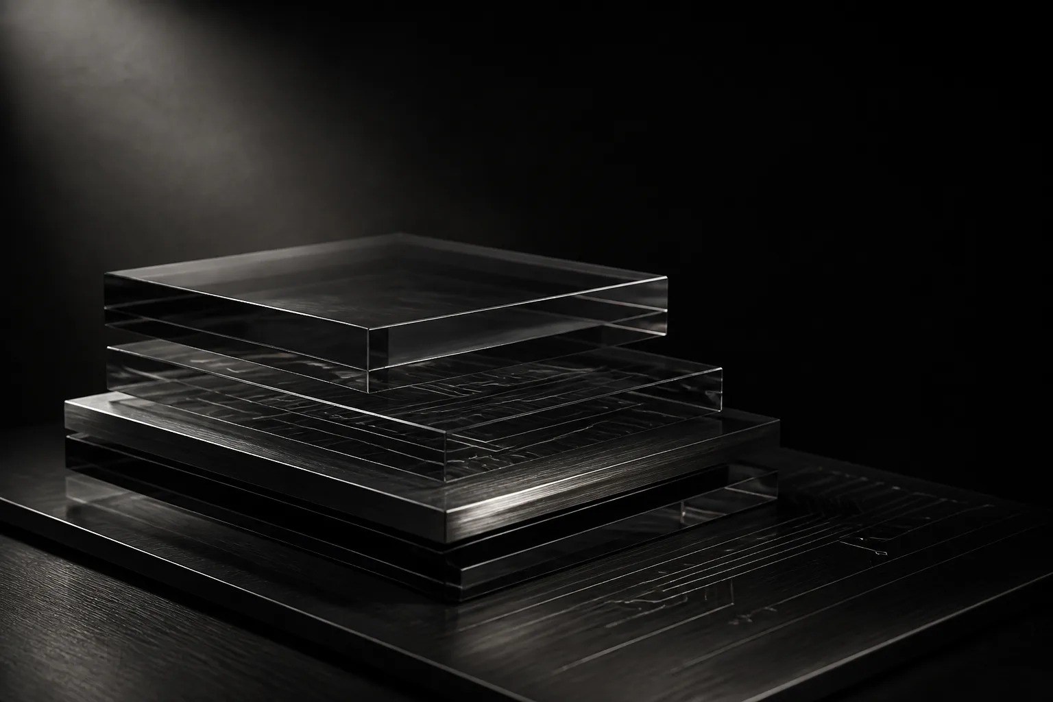 Layered dark acrylic blocks suggesting product architecture.