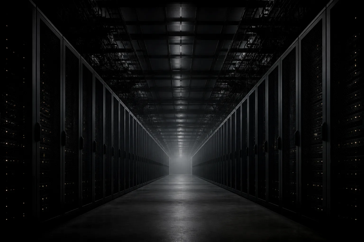 Quiet server-hall aisle in near darkness.