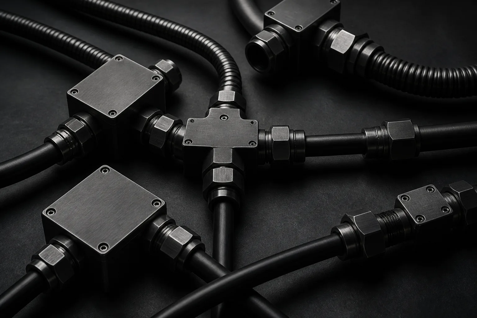 Machined metal connectors on charcoal.